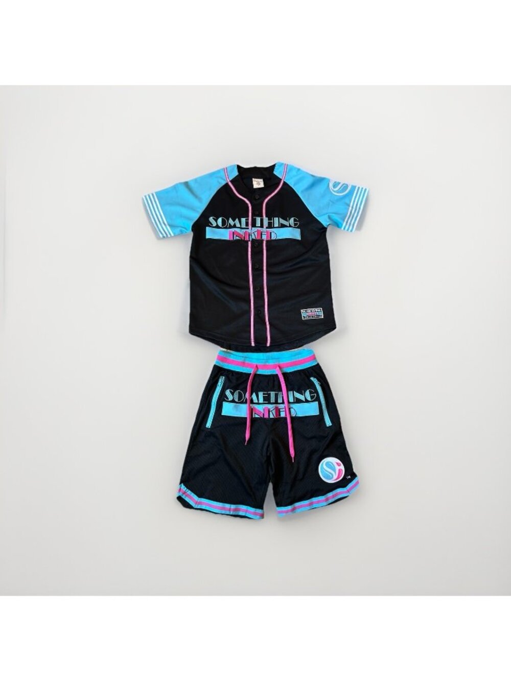 Something Inked Baseball Jersey Shorts Set Black Pink Blue Size S Small Buttons
